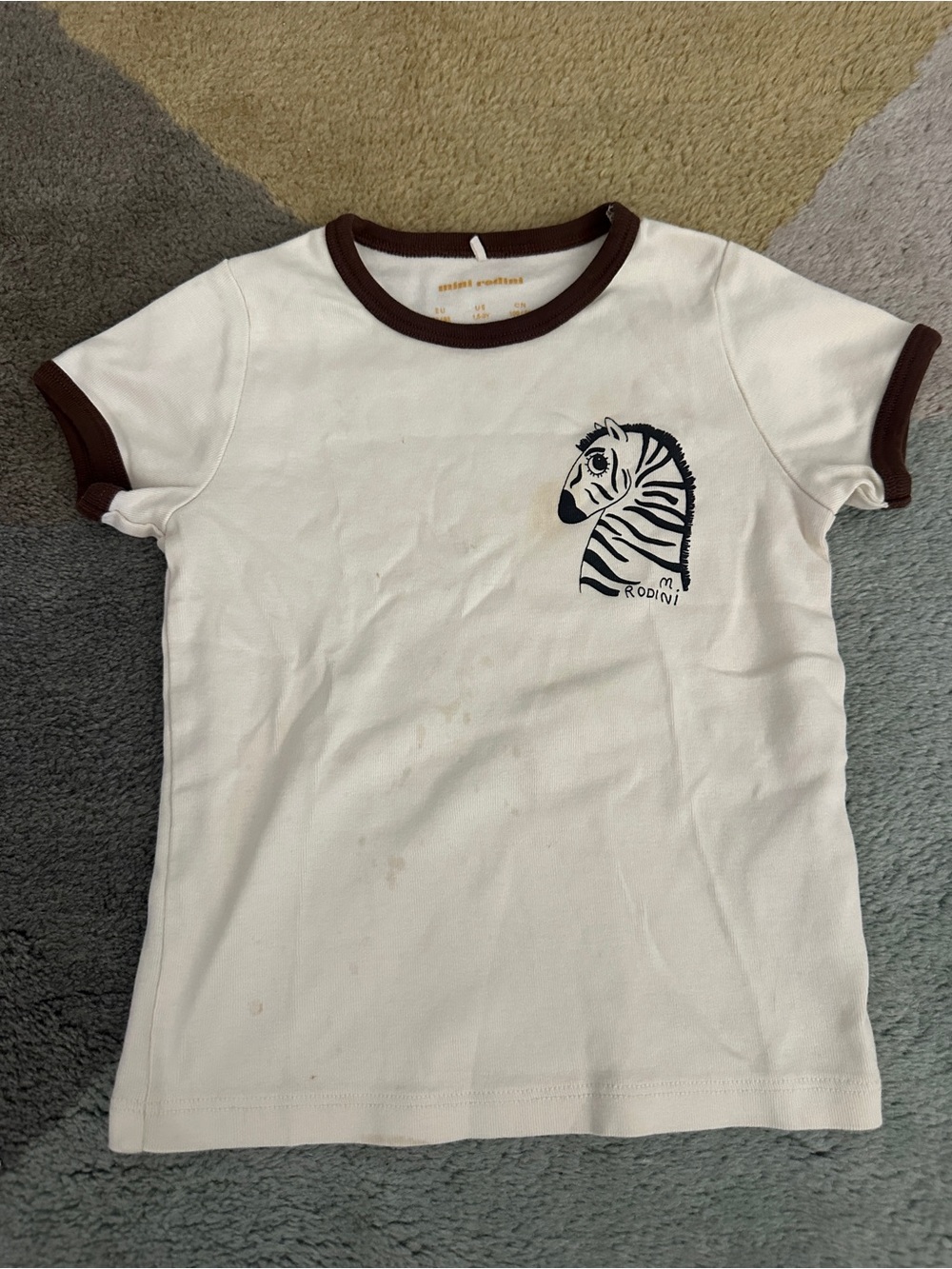 Mini Rodini White Tee with Brown Ringer and Zebra Graphic